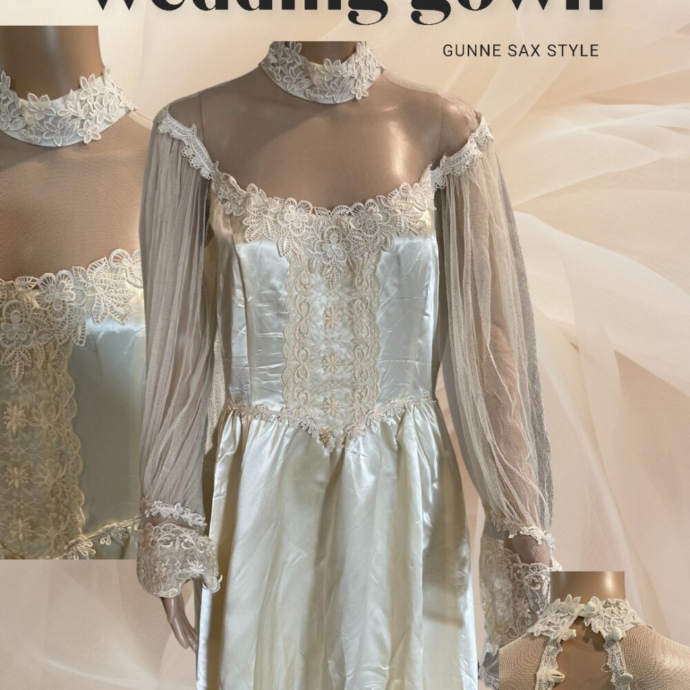 Gunne Sax Vtg Cream Victorian Prairie Wedding Lace Long Sleeve Maxi Dress